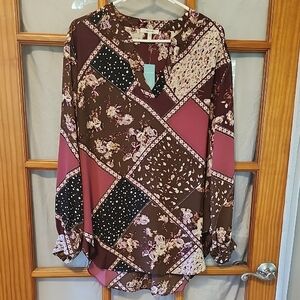 Maurices Patchwork Blouse - Burgundy and Brown